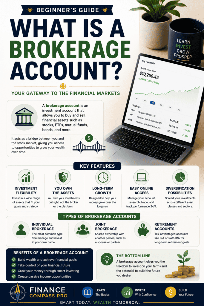 What is a brokerage account beginner guide infographic explaining how brokerage accounts work, investment options, account types, and key benefits for new investors.