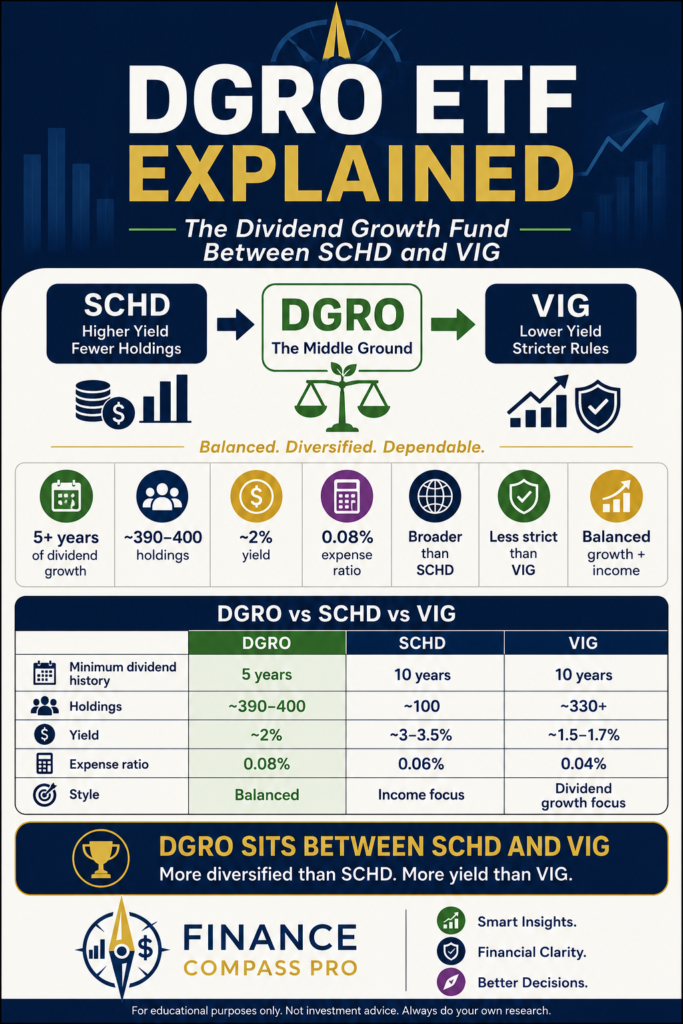 DGRO vs SCHD diversification comparison showing DGRO's broader, less concentrated holdings versus SCHD's more selective dividend portfolio