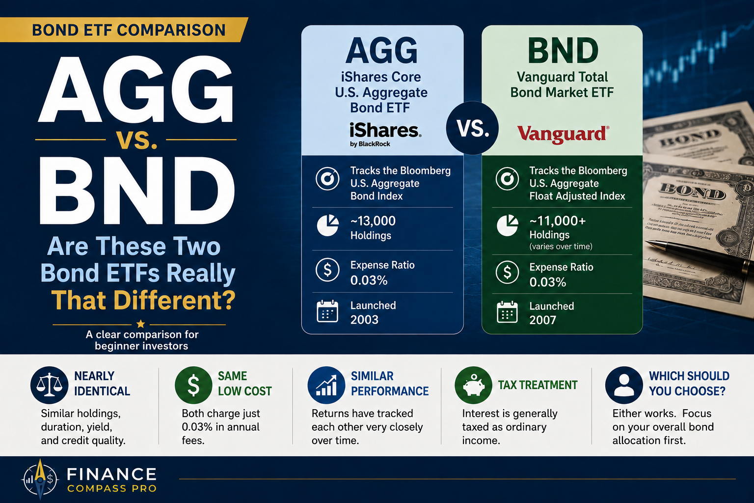 AGG vs BND comparison infographic showing both bond ETFs charge 0.03% expense ratio and track the U.S. aggregate bond index
