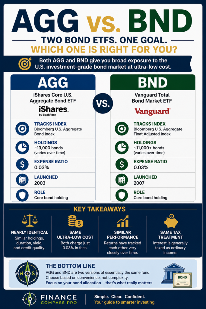 AGG vs BND beginner guide infographic covering expense ratio, yield, duration, taxes, and how to choose between the two bond ETFs