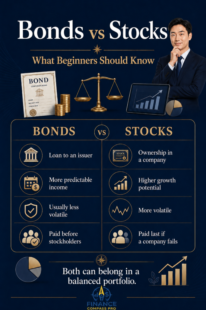 Bonds vs Stocks comparison - bonds provide stability and income while stocks provide long-term growth - FinanceCompassPro