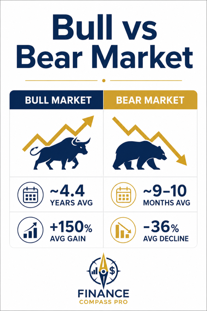 Bull vs Bear Market comparison - bull market 4.4 years average 150% gain vs bear market 9-10 months average 36% decline - FinanceCompassPro