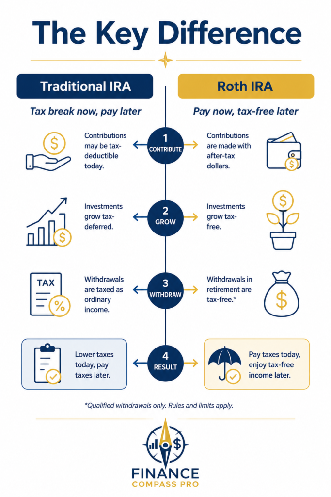 Traditional IRA vs Roth IRA key difference - tax break now pay later vs pay now tax-free later - 4 step flow diagram - FinanceCompassPro