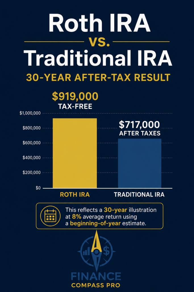 Roth IRA $919,000 tax-free vs Traditional IRA $717,000 after taxes - 30 year after-tax result bar chart - FinanceCompassPro