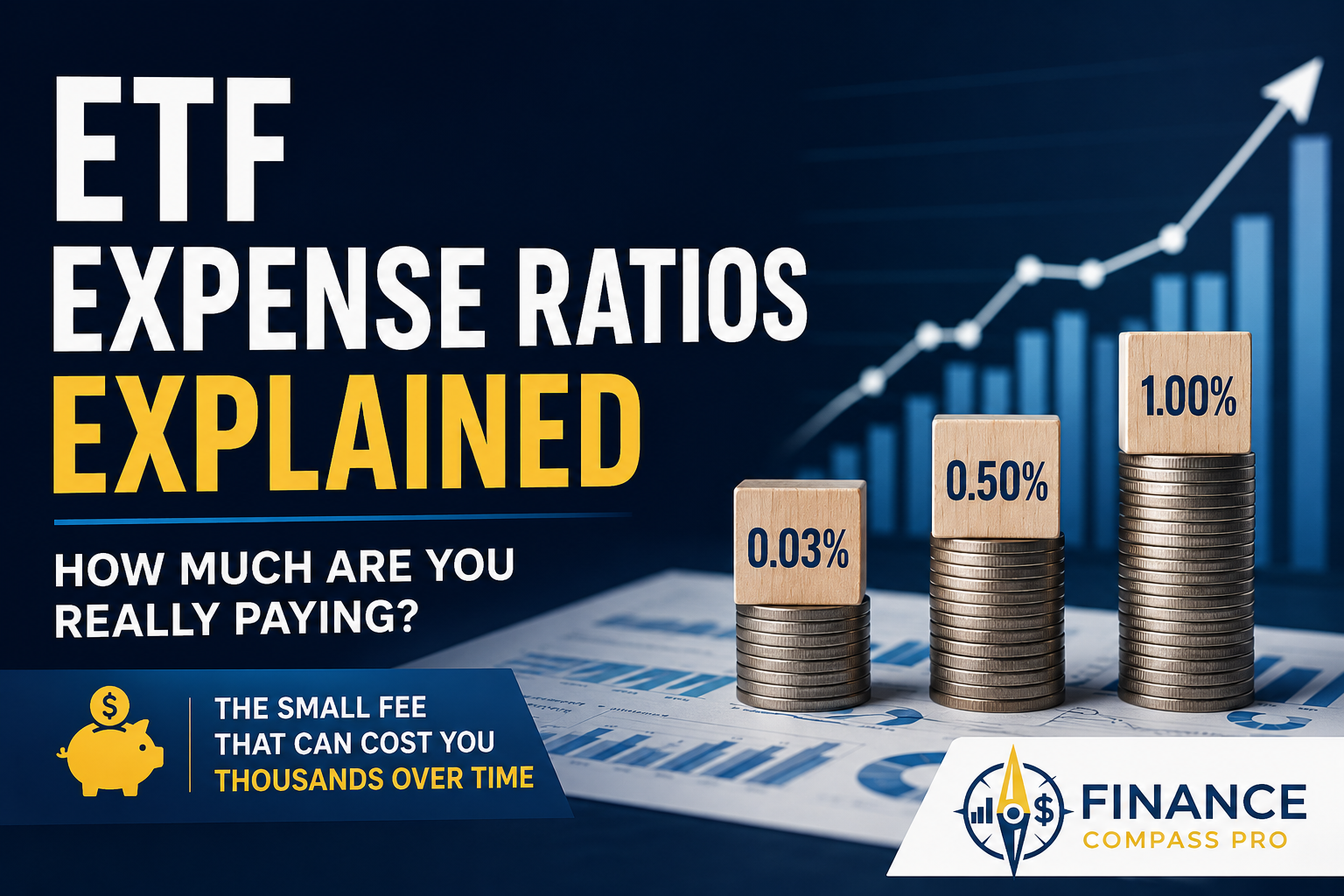 ETF expense ratios explained with 0.03%, 0.50%, and 1.00% fee examples showing how small ETF costs can affect long-term investment returns.
