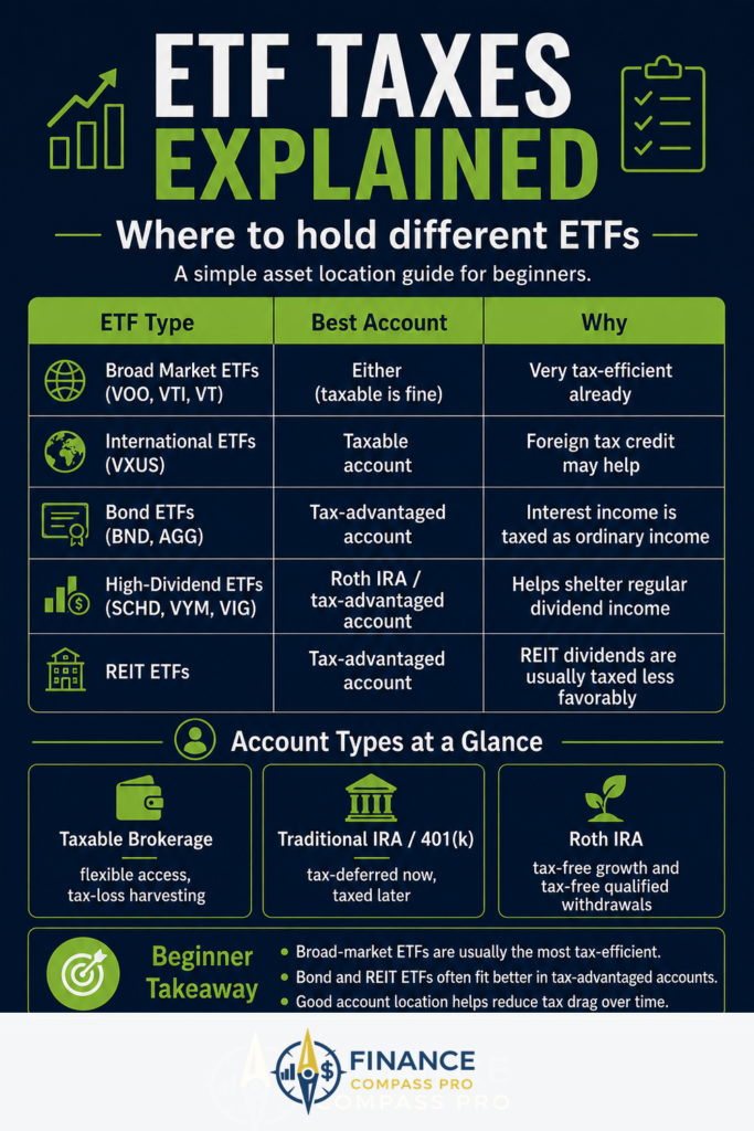 ETF tax location strategy infographic showing which account type - taxable brokerage, Traditional IRA, or Roth IRA - is best for different ETF types