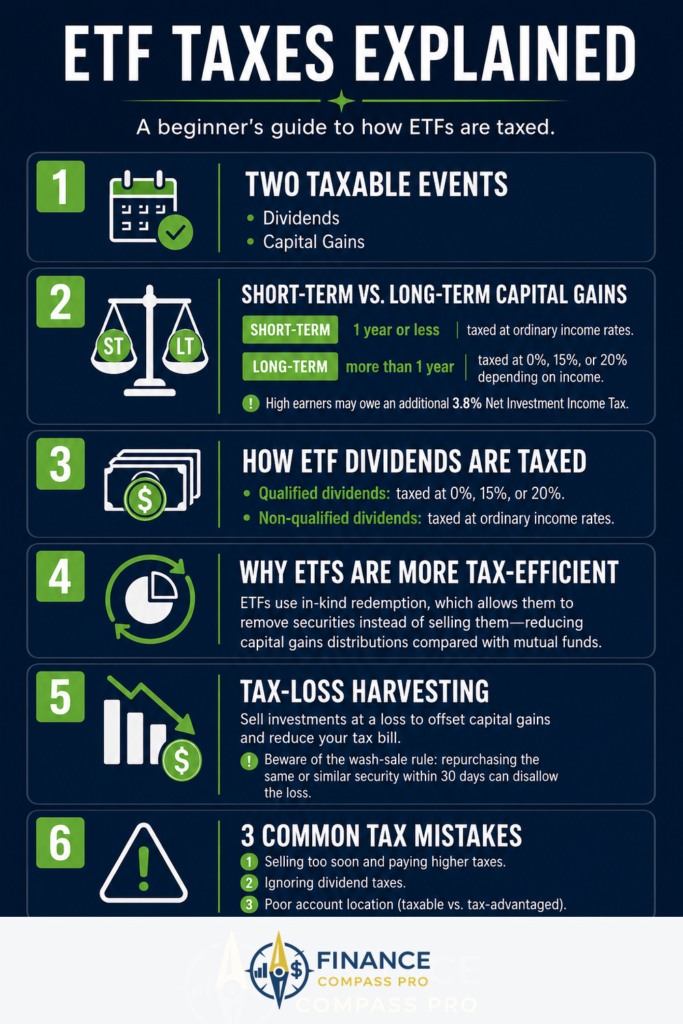 Pinterest-style graphic explaining how ETF taxes work for beginner investors, covering dividends, capital gains, and short-term vs long-term tax rates