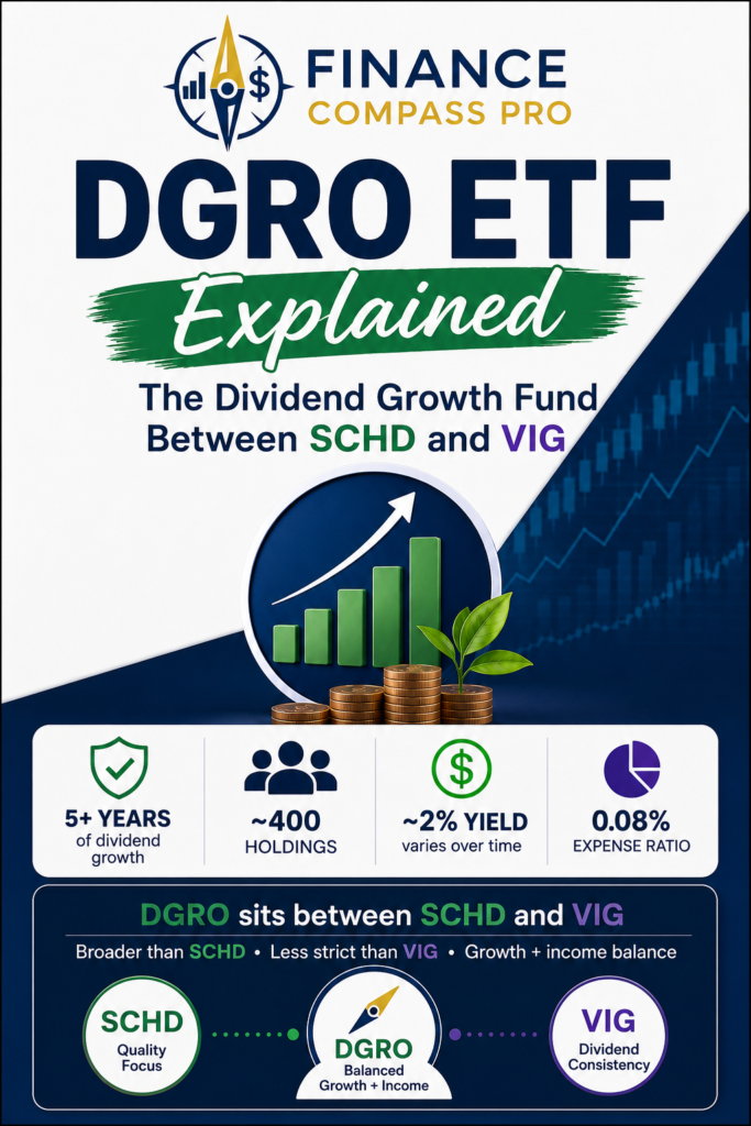 DGRO ETF key facts infographic showing expense ratio, dividend growth requirement, holdings count, and issuer for the iShares Core Dividend Growth ETF