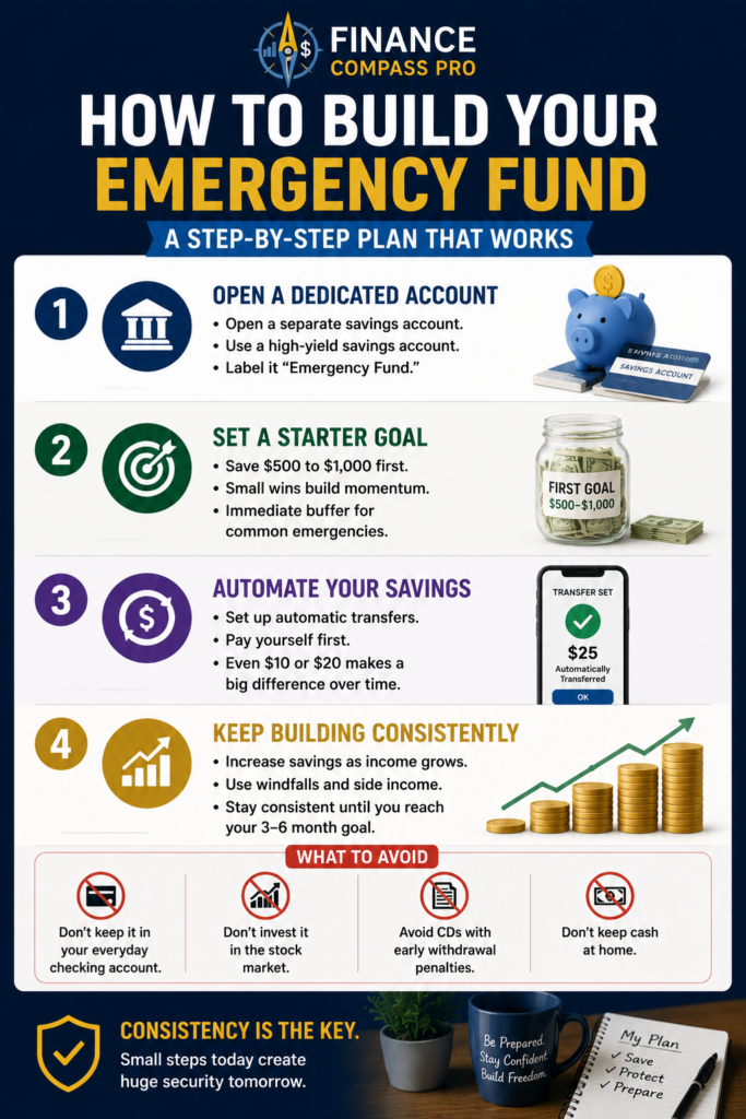 Step-by-step emergency fund plan showing how to open a dedicated account, set a starter goal, automate savings, and avoid common mistakes