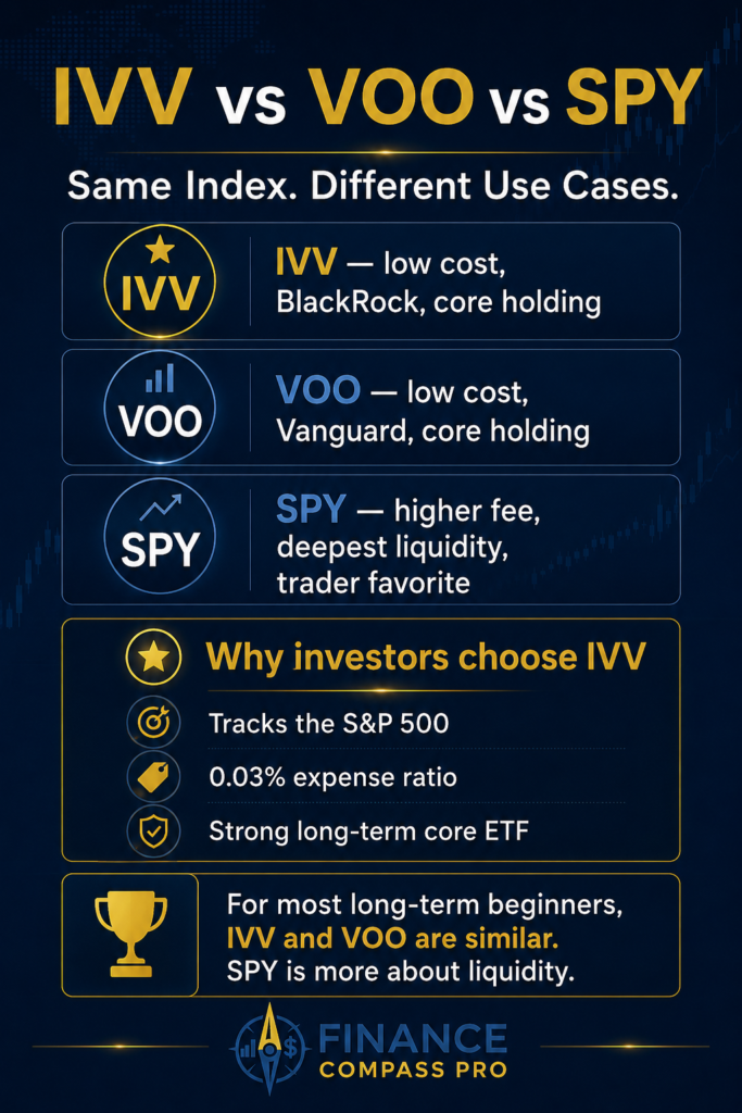 Guide to choosing between IVV, VOO, and SPY for long-term investors comparing Su0026P 500 ETFs