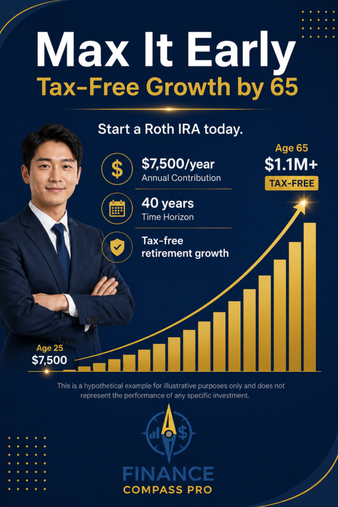 Roth IRA long-term growth example showing $7500 annual contributions growing to $1.94 million tax-free by age 65 - FinanceCompassPro