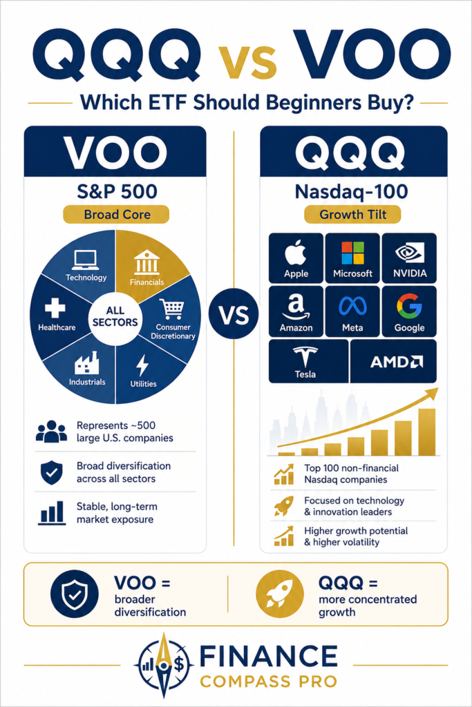 Pinterest image comparing QQQ and VOO for beginner investors, showing VOO as broad market exposure and QQQ as technology-focused growth exposure
