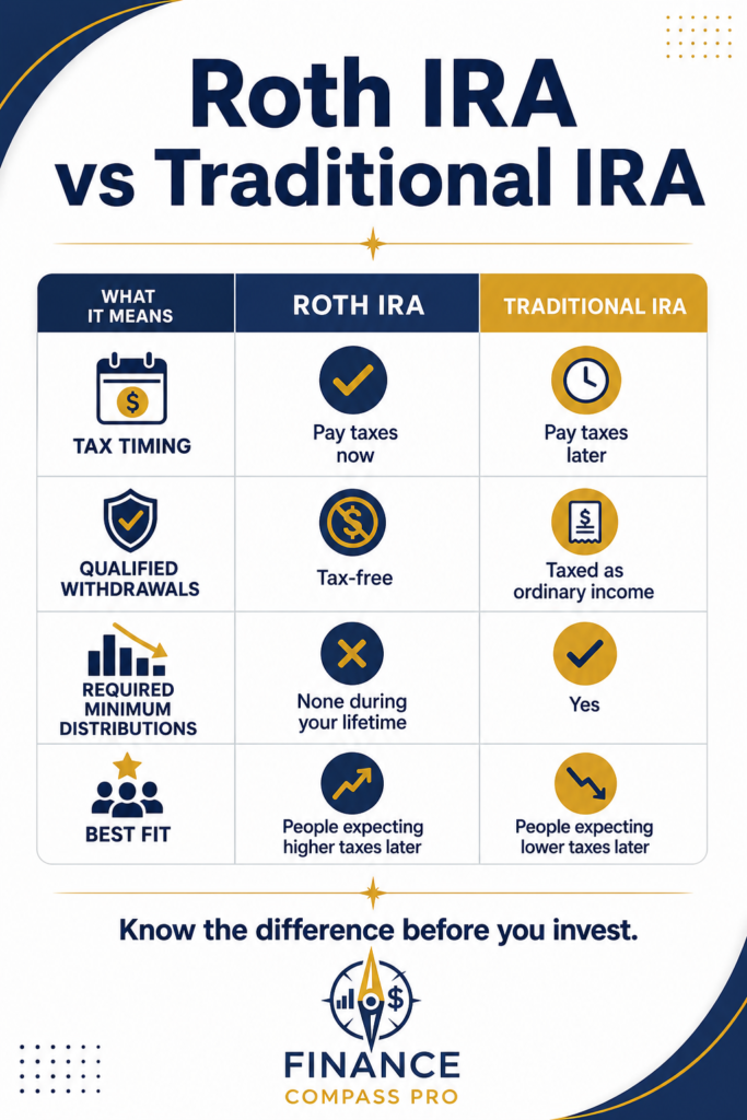 Roth IRA vs Traditional IRA comparison chart showing tax timing withdrawals and required distributions - FinanceCompassPro