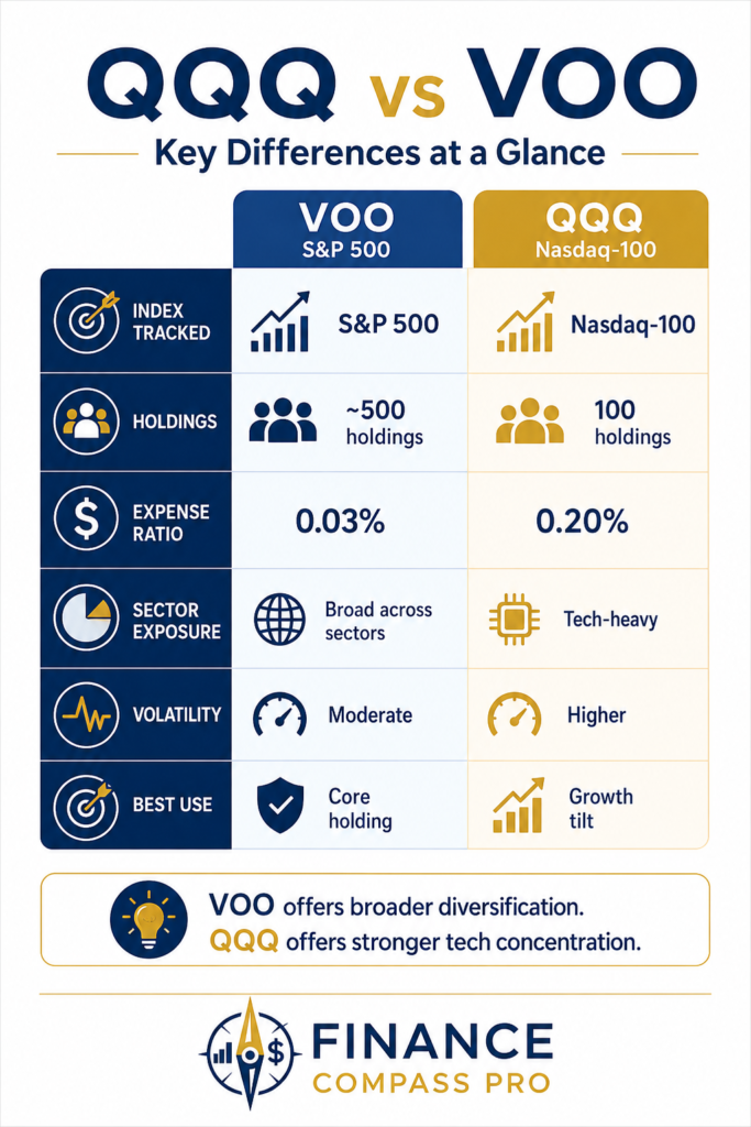 QQQ vs VOO comparison showing why beginners should consider VOO as a core holding and QQQ as a growth or technology tilt