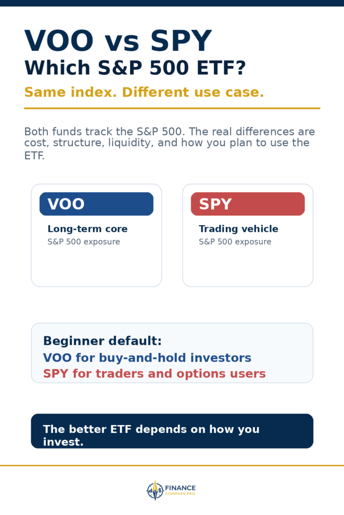 VOO vs SPY comparison showing both track the S&P 500 but differ in expense ratio, fund structure, and typical use case