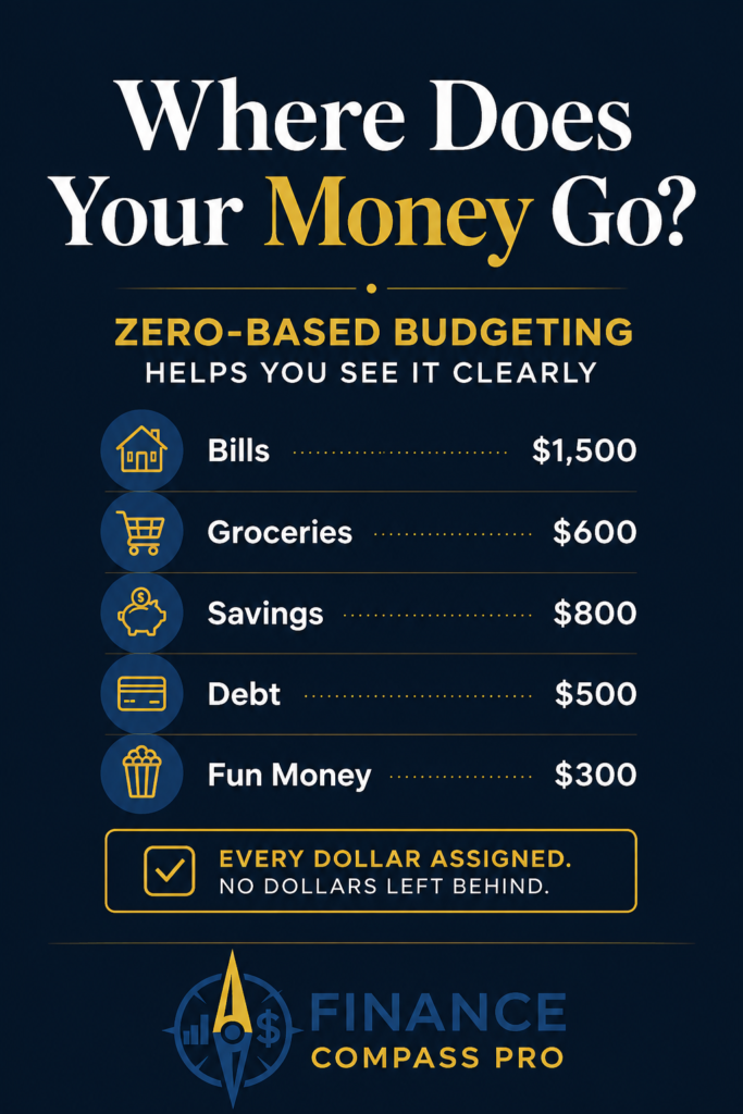 Zero-based budgeting infographic showing where money goes across bills, groceries, savings, debt, and fun money