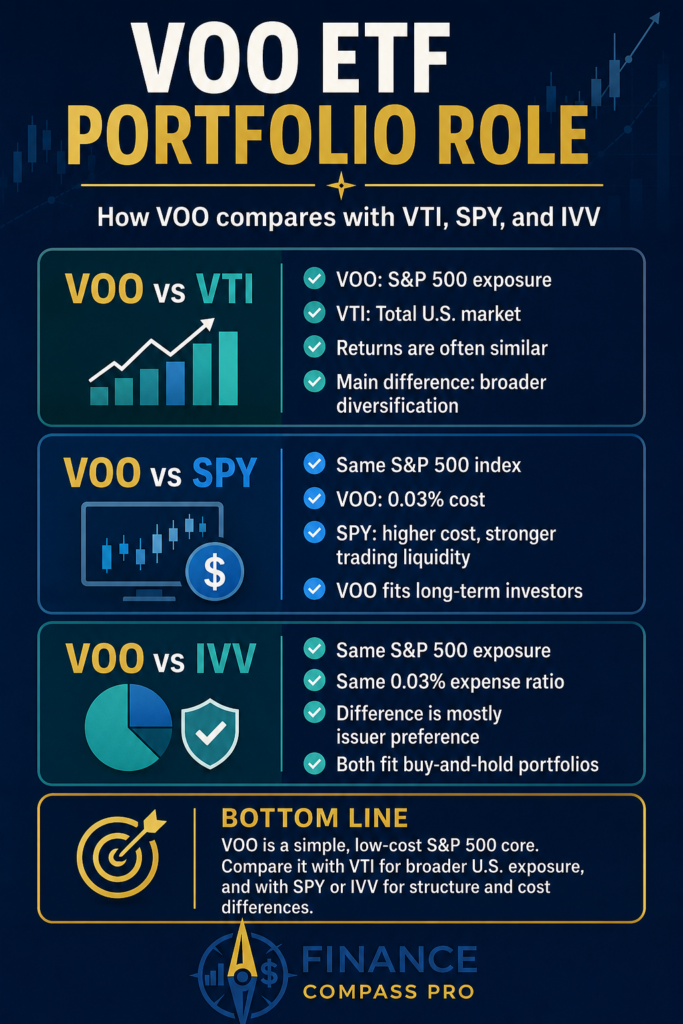 VOO vs VTI vs SPY comparison infographic showing expense ratio, legal structure, coverage, and which S&P 500 ETF fits long-term investors vs active traders