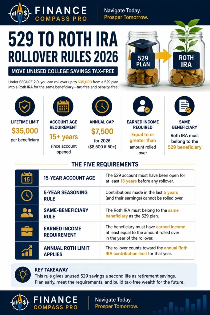 529 to Roth IRA rollover rules 2026: $35,000 lifetime limit, 15-year account age requirement, and earned income rule explained
