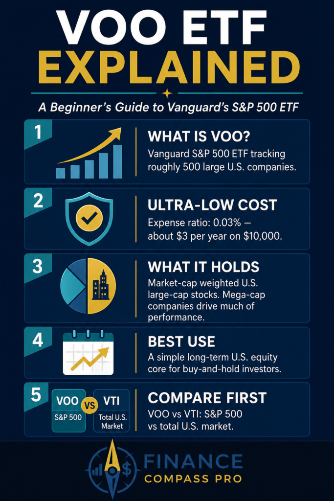 VOO ETF beginner guide infographic showing what Vanguard S&P 500 ETF holds, sector exposure, and how it compares to VTI, SPY, and IVV