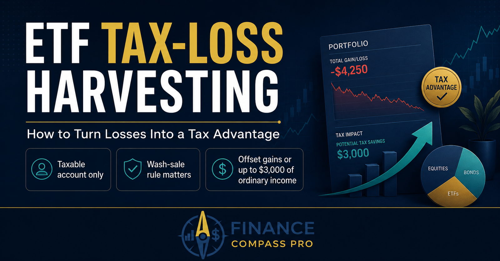 ETF tax-loss harvesting explained - infographic showing how to sell a losing ETF, claim the tax loss, and replace it with a similar fund while avoiding the wash-sale rule