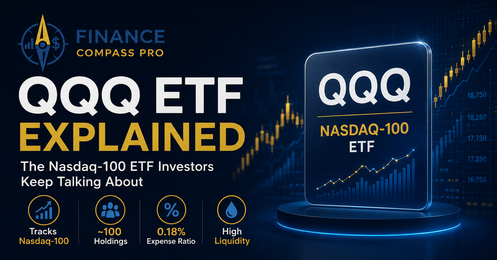 QQQ ETF explained - Invesco QQQ Trust tracking the Nasdaq-100 Index with 0.18% expense ratio, deep options market, and concentration in large non-financial Nasdaq companies
