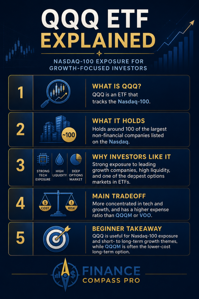 QQQ ETF Nasdaq-100 beginner guide infographic covering top holdings concentration, why QQQ costs more than QQQM, and how to decide between QQQ, QQQM, and VOO