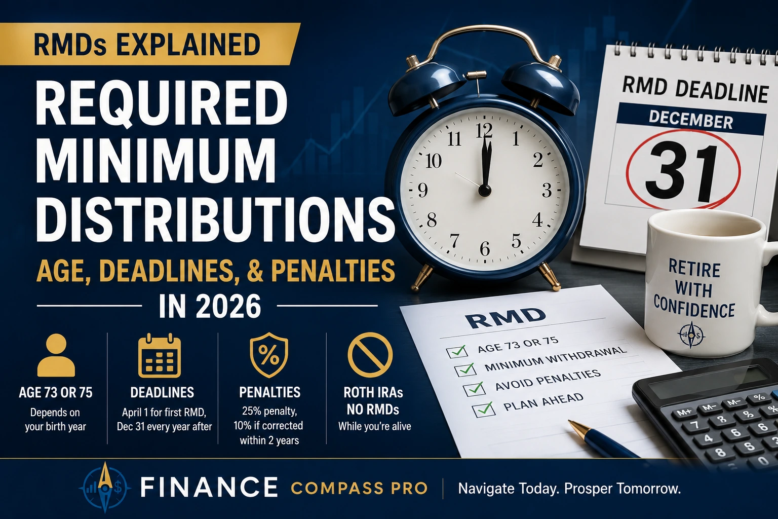 Required minimum distributions (RMDs) explained 2026: age 73 or 75, deadlines, and the 25% penalty for missing a withdrawal