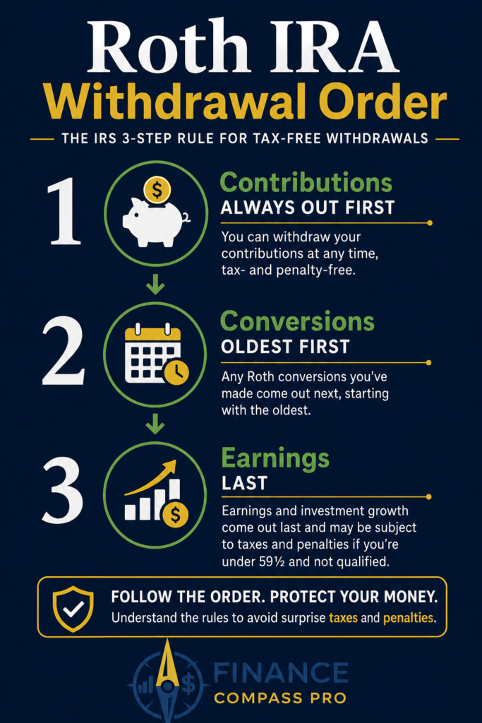 Roth IRA withdrawal ordering rules infographic showing contributions conversions and earnings sequence