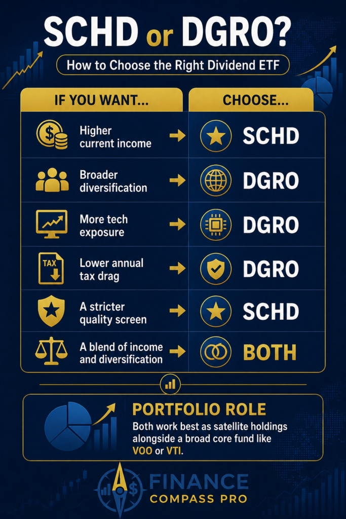 SCHD vs DGRO beginner decision guide infographic showing which dividend ETF to choose based on income needs, diversification preference, tax situation, and portfolio role