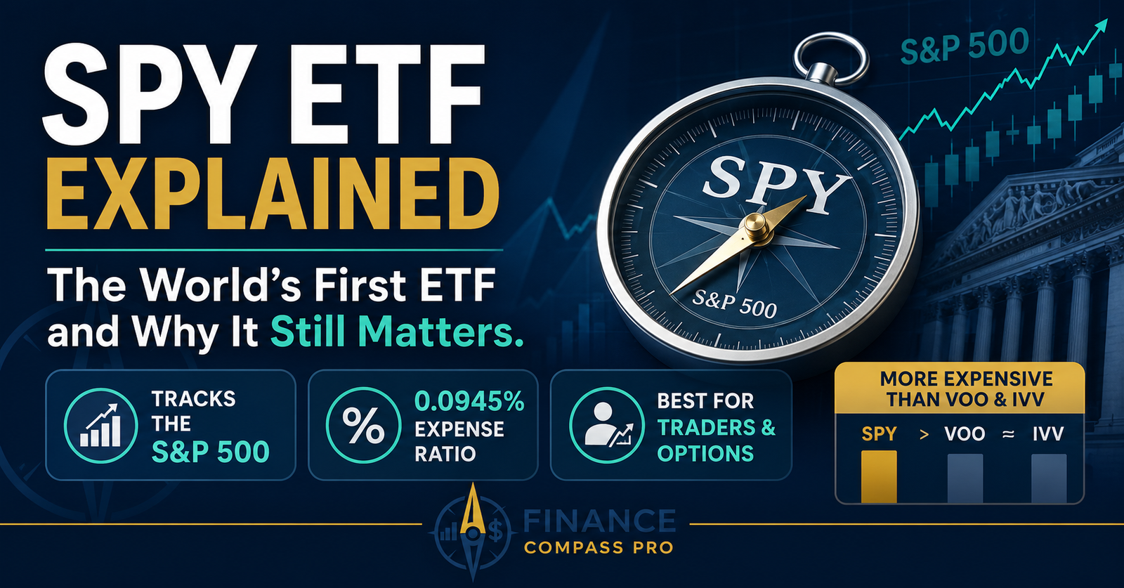 SPY ETF explained - SPDR S&P 500 ETF Trust featuring 0.0945% expense ratio, Unit Investment Trust structure, and S&P 500 full replication strategy