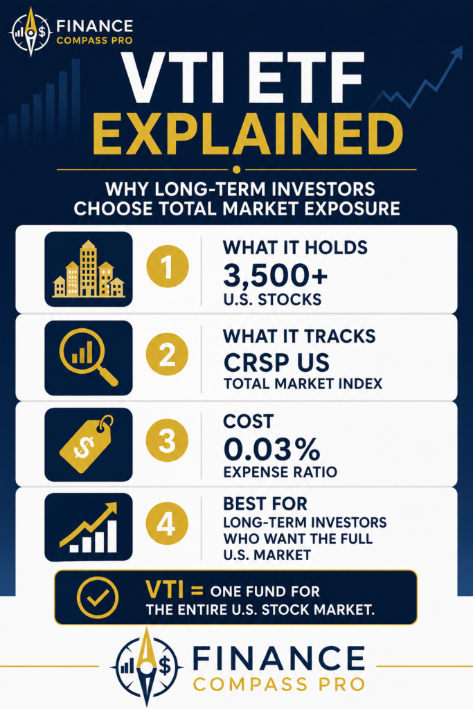VTI ETF total market guide infographic showing CRSP US Total Market Index coverage, 3500+ holdings, and how it differs from S&P 500 large-cap ETFs like VOO