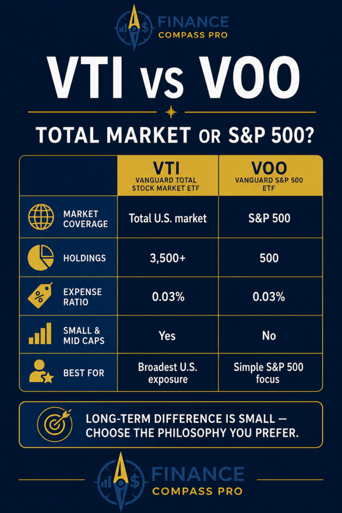 VTI vs VOO comparison infographic showing differences in index coverage, small and mid-cap inclusion, concentration, and which fund fits different investor philosophies