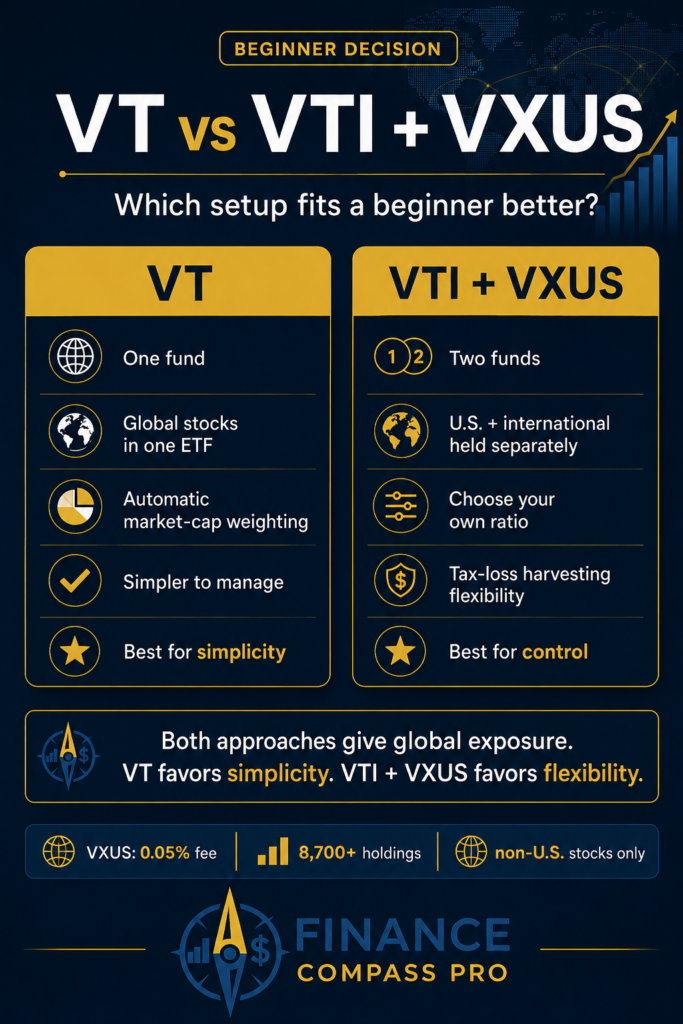 VXUS vs VT vs VTI+VXUS comparison infographic showing differences in simplicity, expense ratio, tax-loss harvesting flexibility, and foreign tax credit access