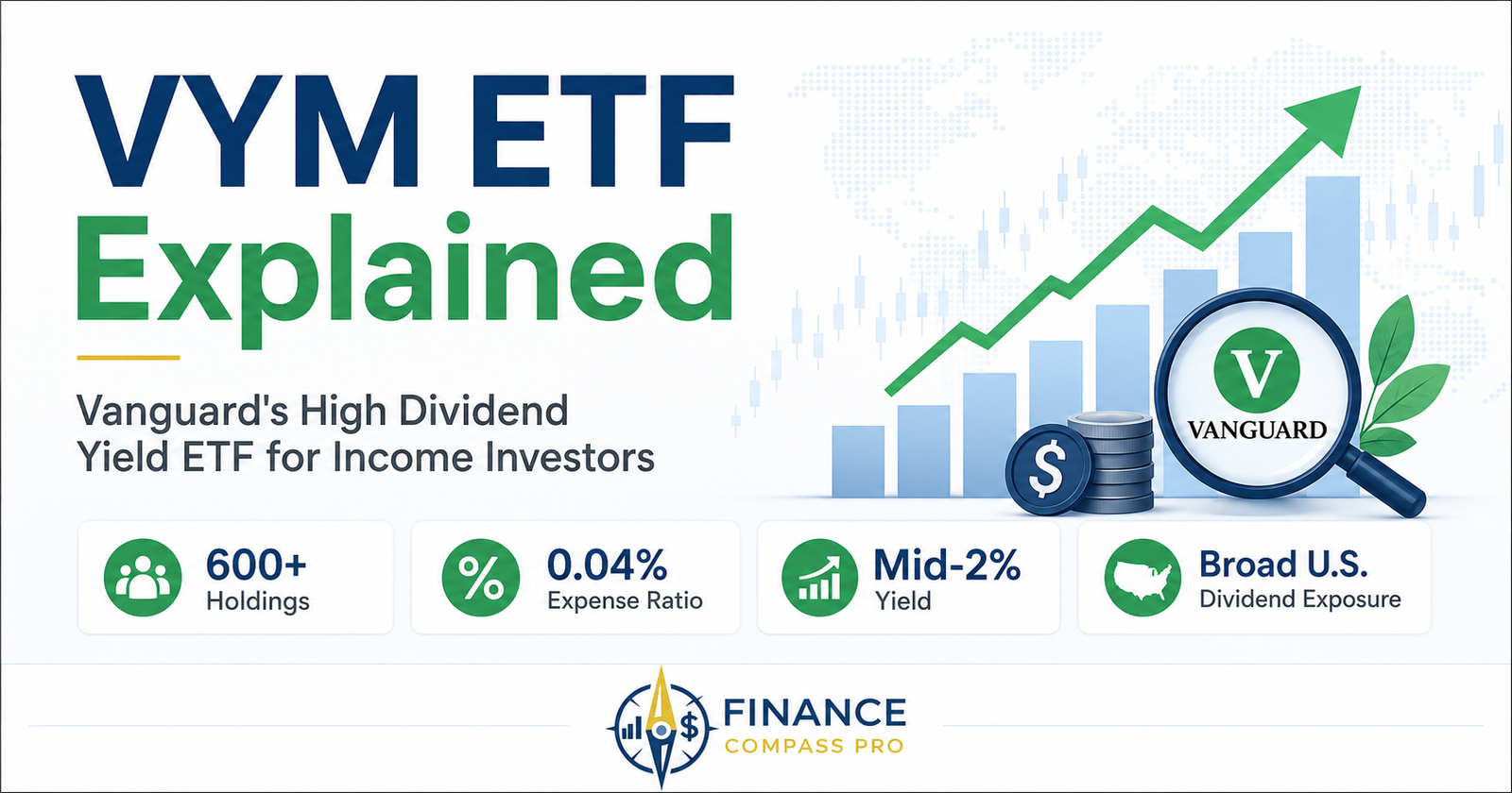 VYM ETF explained - Vanguard High Dividend Yield ETF featuring 600+ holdings, 0.04% expense ratio, and FTSE High Dividend Yield Index tracking