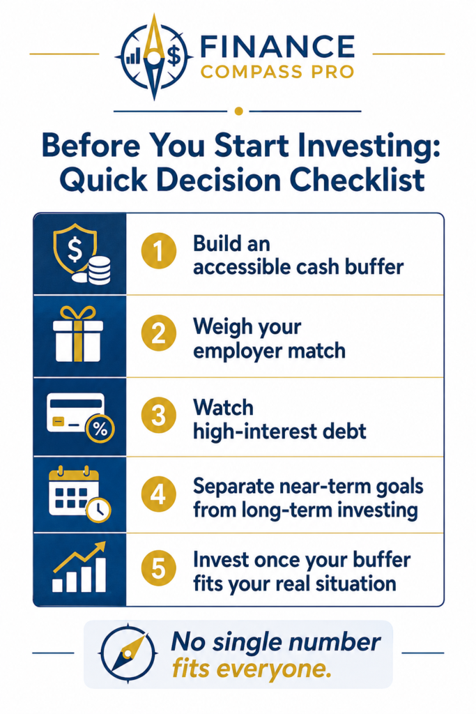 before-you-start-investing-cash-checklist Checklist infographic showing key decisions before investing including cash buffer employer match debt and near term goals