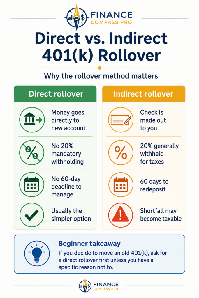 Direct vs indirect 401(k) rollover infographic explaining 20% withholding and the 60-day rollover rule