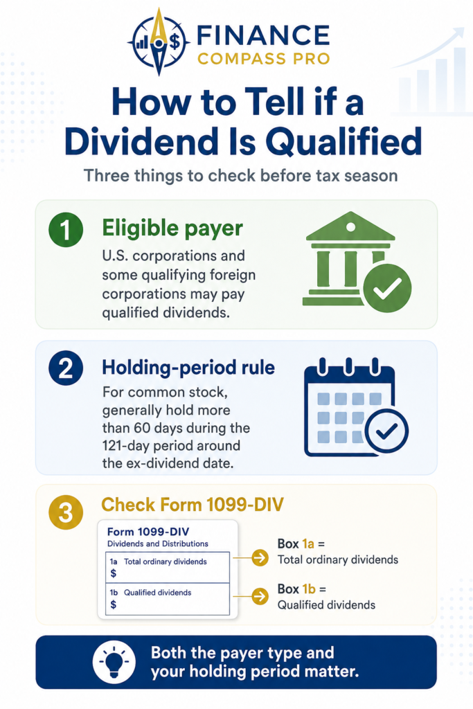Dividend tax checklist for checking Form 1099-DIV, payer type, holding period, and investment account type