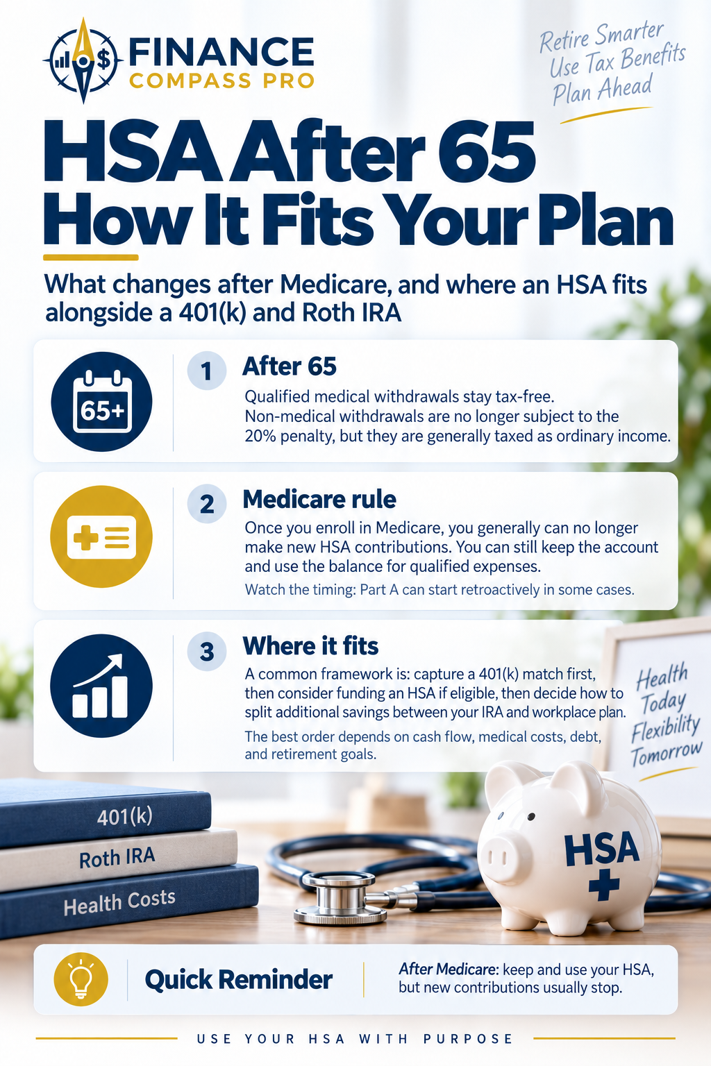 HSA after age 65 Medicare rules and how it fits with a 401k and Roth IRA