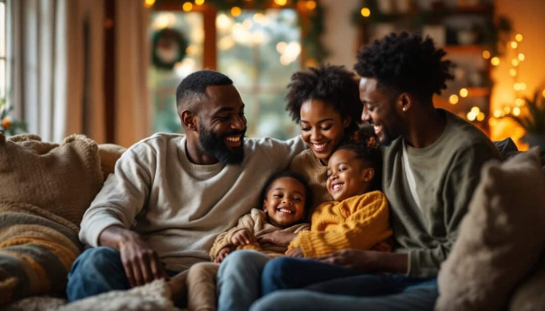 Relaxed and diverse family sitting together in a cozy living room during the holidays, enjoying calm and meaningful time.