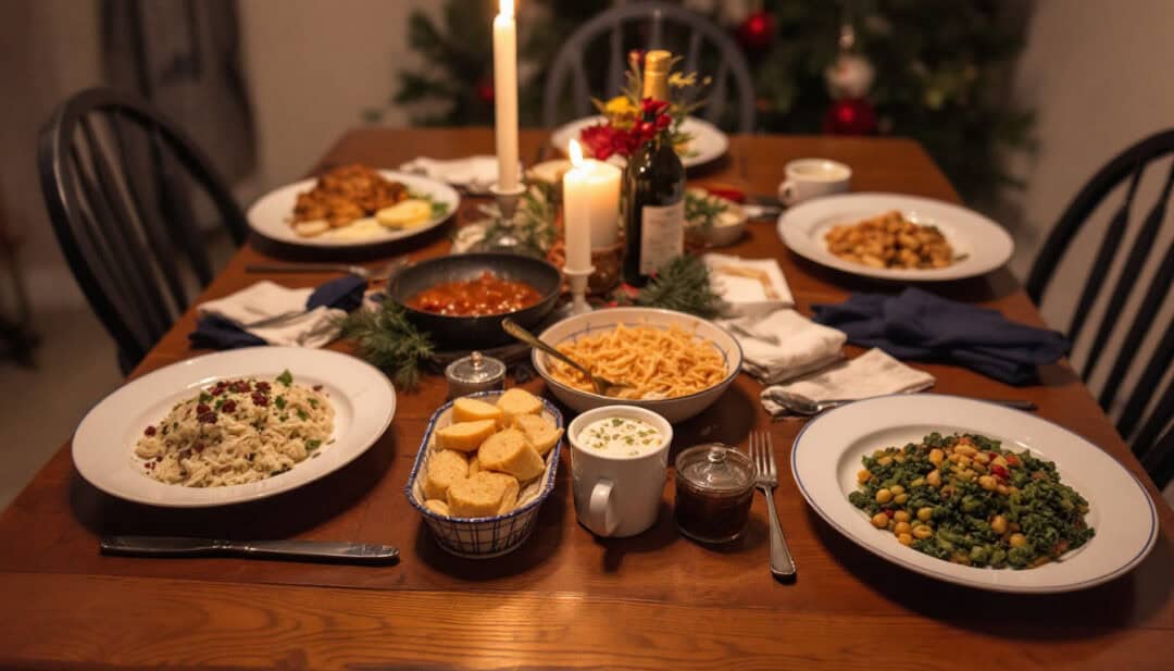 Cozy potluck-style holiday dinner table with simple plates and shared dishes, representing both Christmas and Hanukkah.