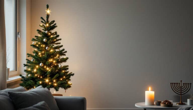 Cozy minimalist holiday scene with a Christmas tree as the main focus and a subtle menorah on a nearby table.