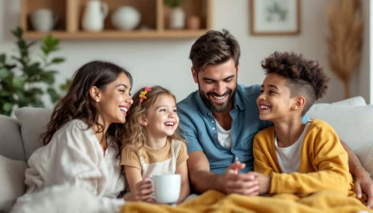 A joyful family sitting on a couch, laughing together in a warm and supportive environment.