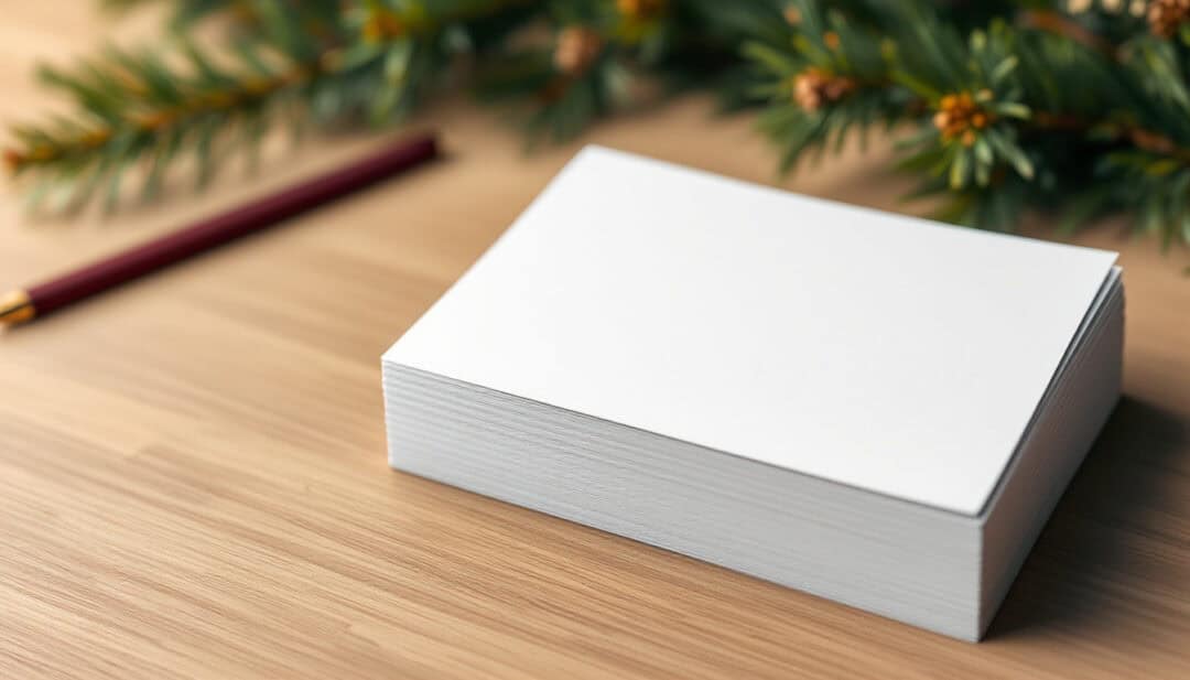 Stack of holiday cards with one left blank on a wooden desk, symbolizing skipping holiday cards this season