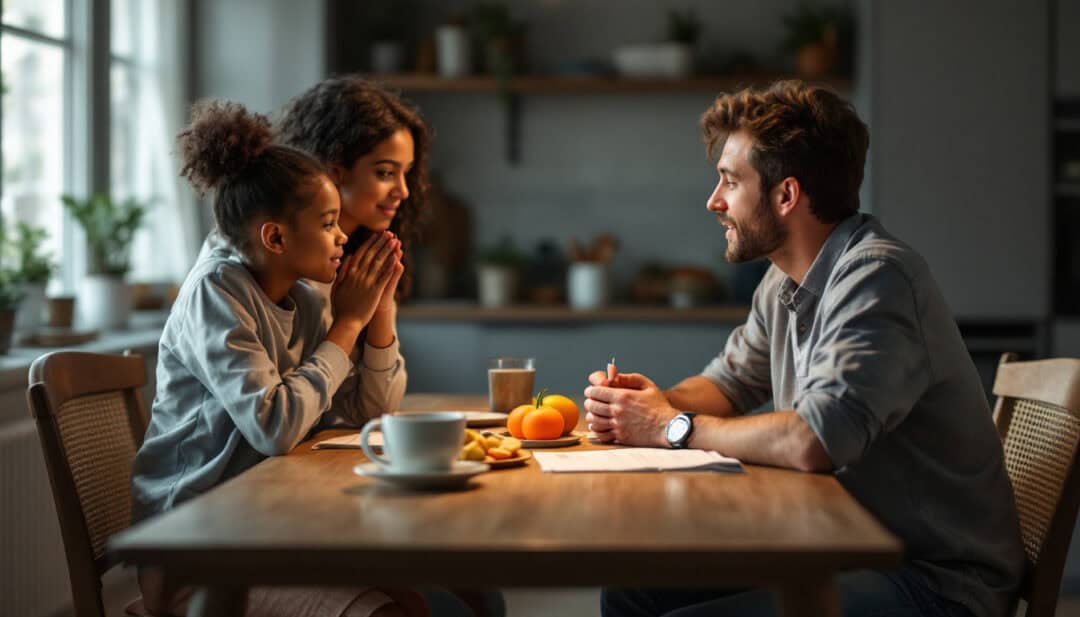 parent having a calm conversation with their child at the kitchen table, addressing the root causes of a behavior issue in a peaceful and collaborative way.