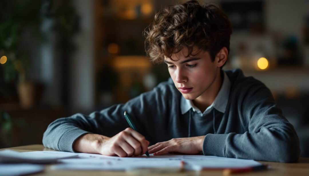 teenage boy writing at a desk in a calm, reflective space, practicing problem solving and independence.