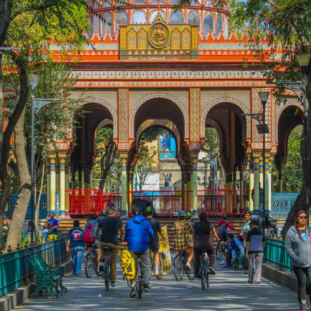 Guests visiting a local market during the Mexico City bike tour.