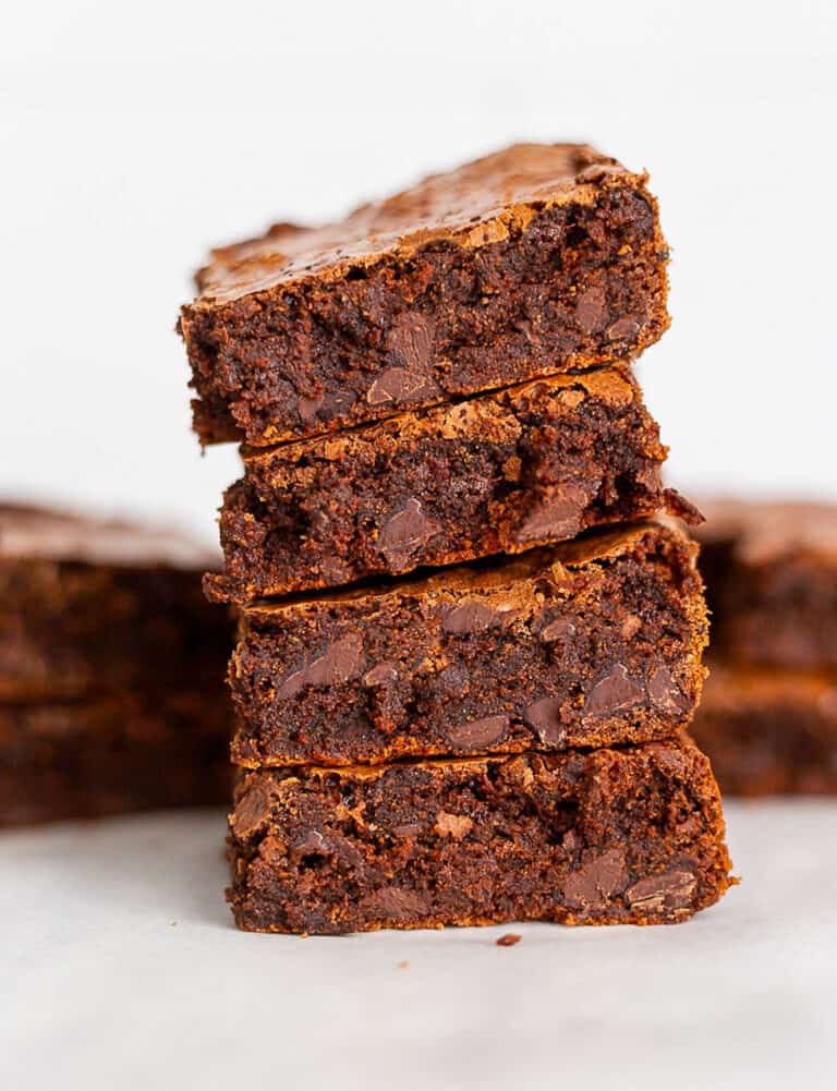 A towering stack of ultimate fudge brownies.