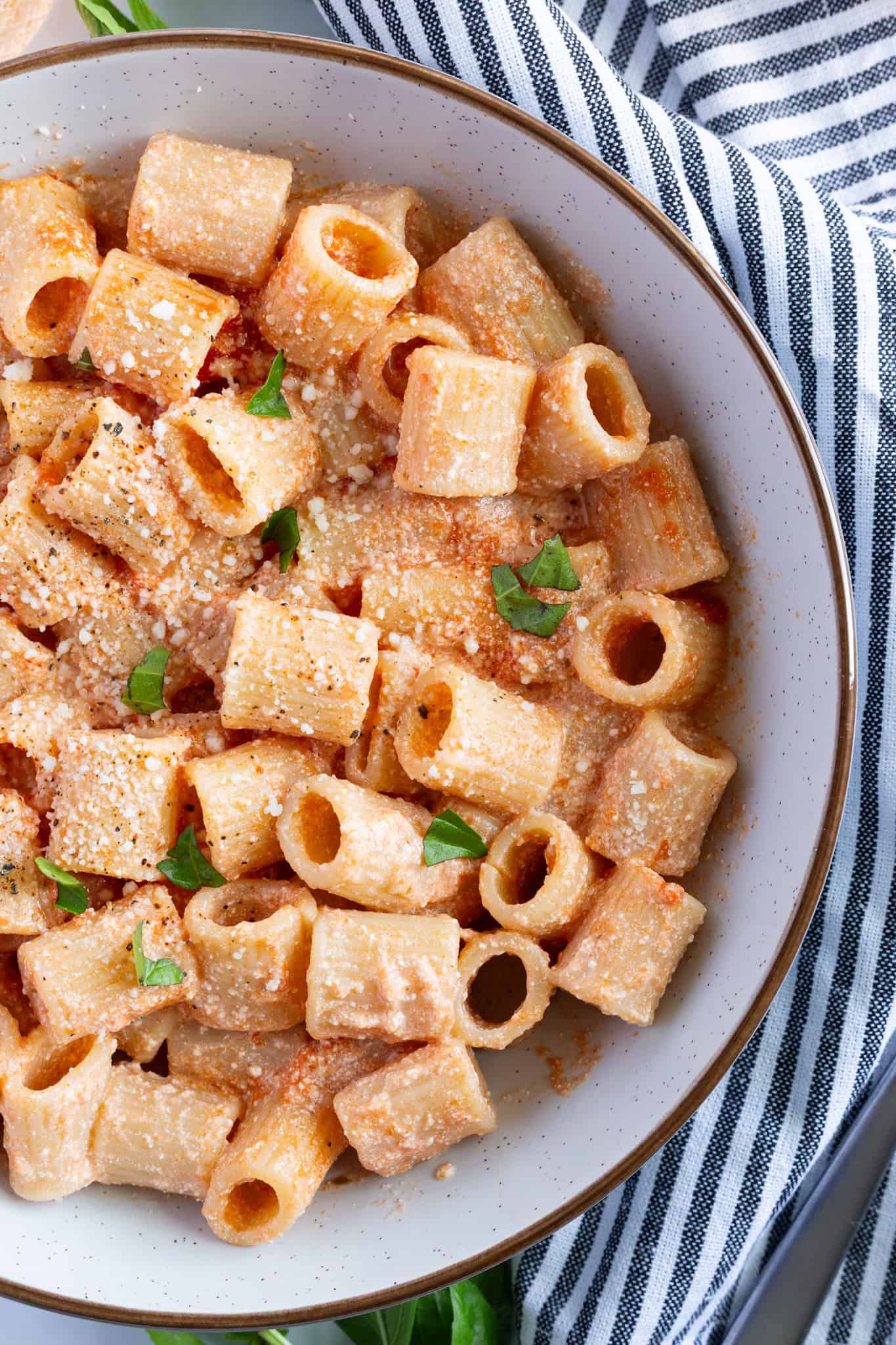 A bowl of creamy rigatoni with ricotta, garnished with Pecorino and basil.