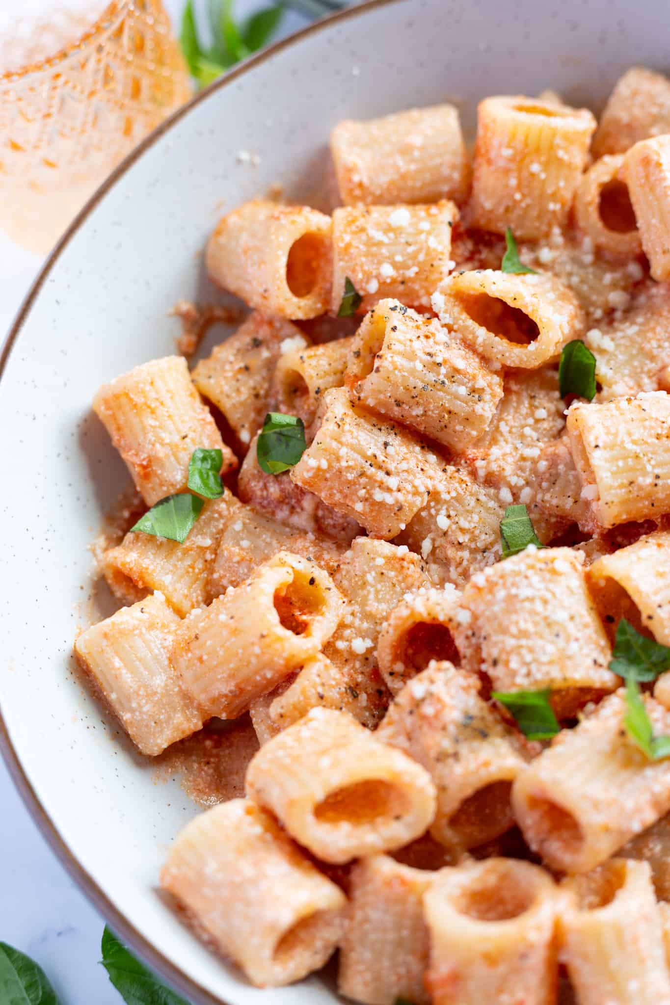A bowl of creamy rigatoni with ricotta sauce.