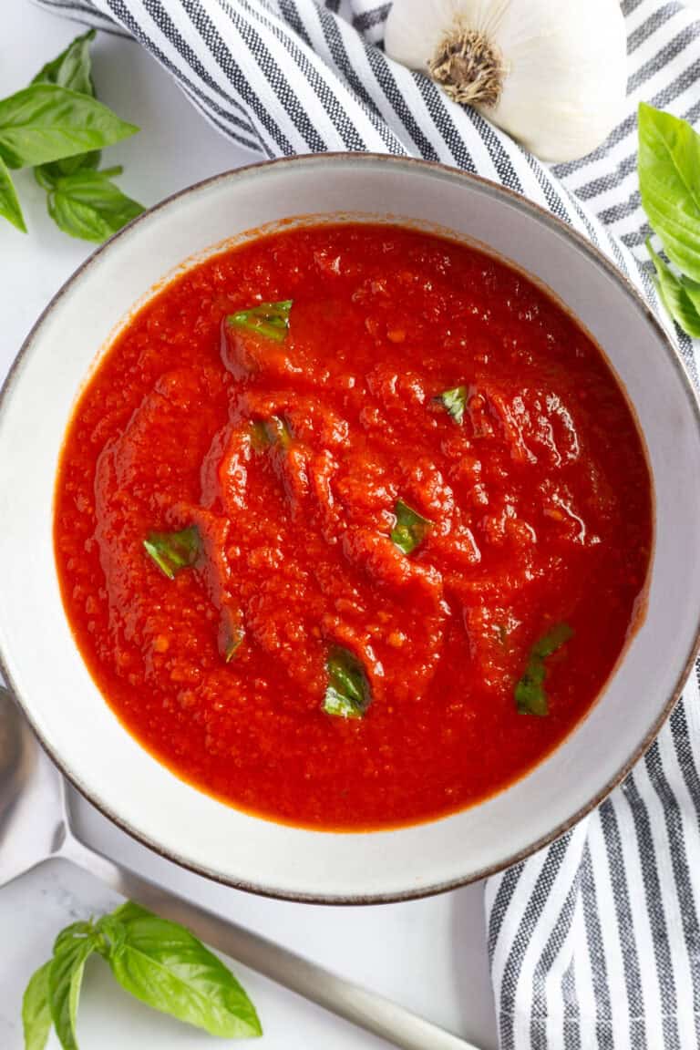 A bowl of tomato basil pasta sauce.